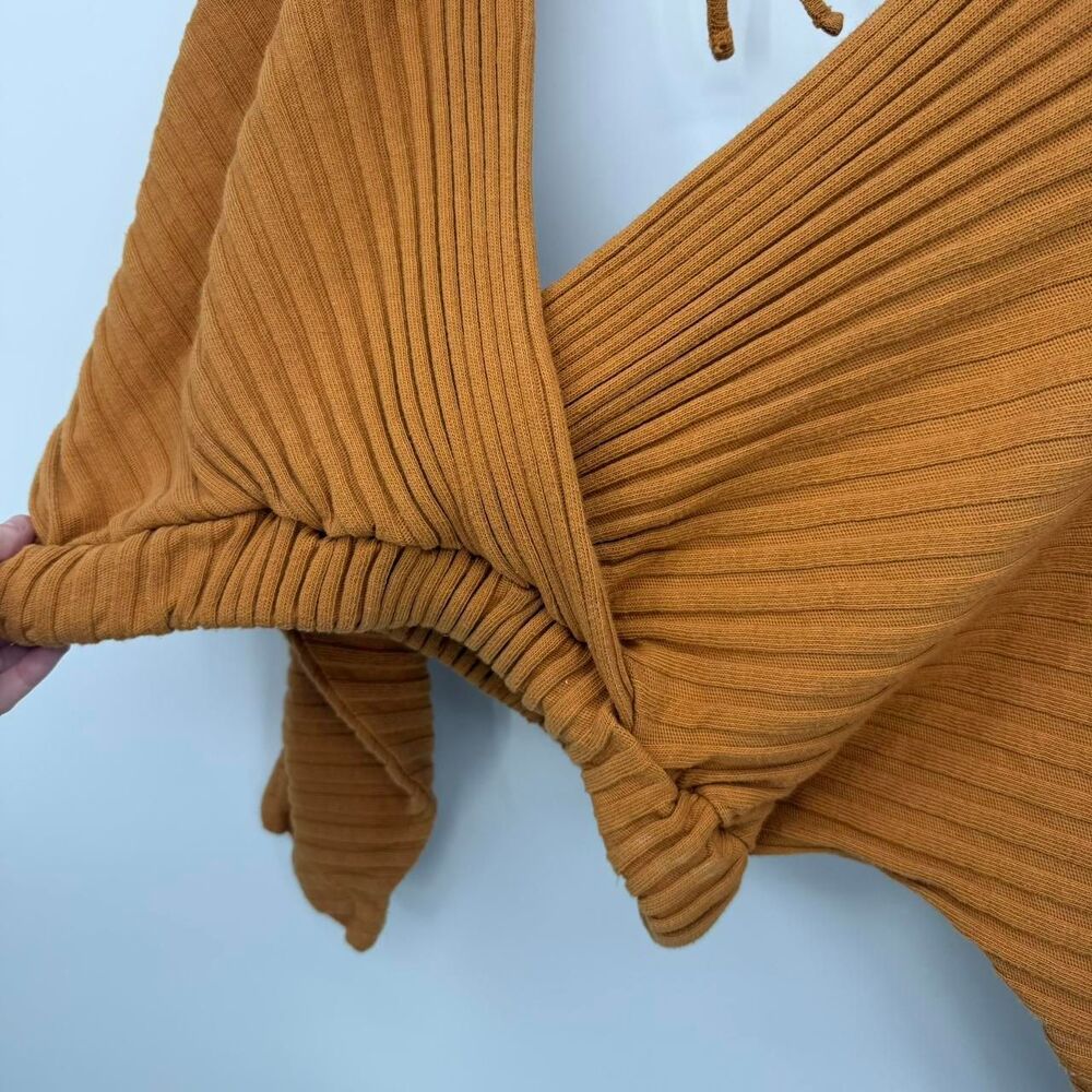 Free People Beach Orange Ribbed Wrap Top Long Sleeve Cropped Medium - Picture 3 of 8